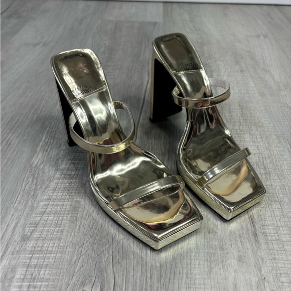 Jeffrey Campbell Hustler Platform Sandal Sz 9.5 Square Toe High Block Heel Gold - Picture 4 of 11